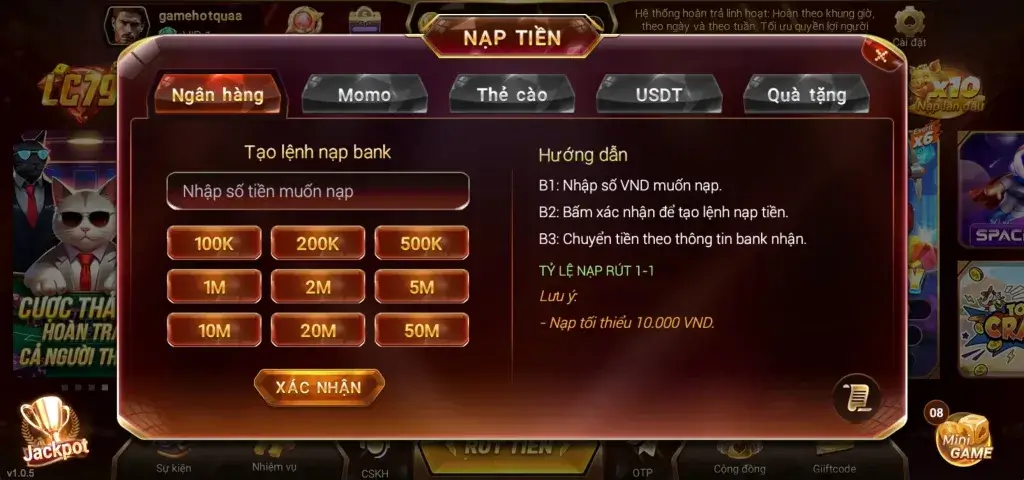 Giao diện tạo lệnh nạp tiền tại LC79 – Chọn số tiền, xác nhận, chuyển khoản