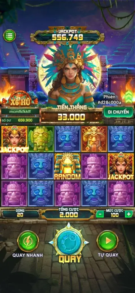 Giao diện chính game slot Fortune of Aztec LC79 với tính năng nổ hũ và biểu tượng jackpot