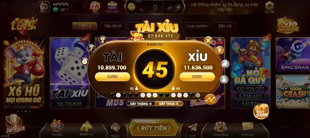 Giao diện game Tài Xỉu tại LC79 với hiệu ứng xúc xắc và bàn cược sinh động