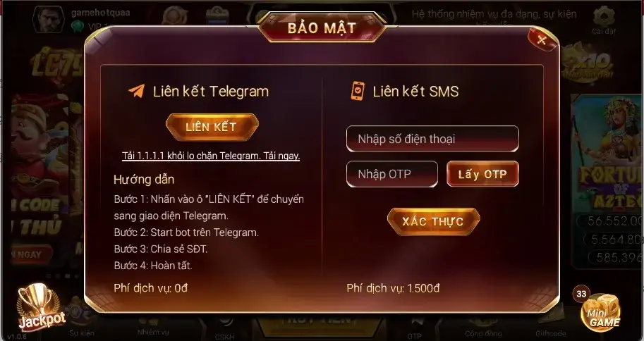 Giao diện liên kết bảo mật tài khoản game LC79