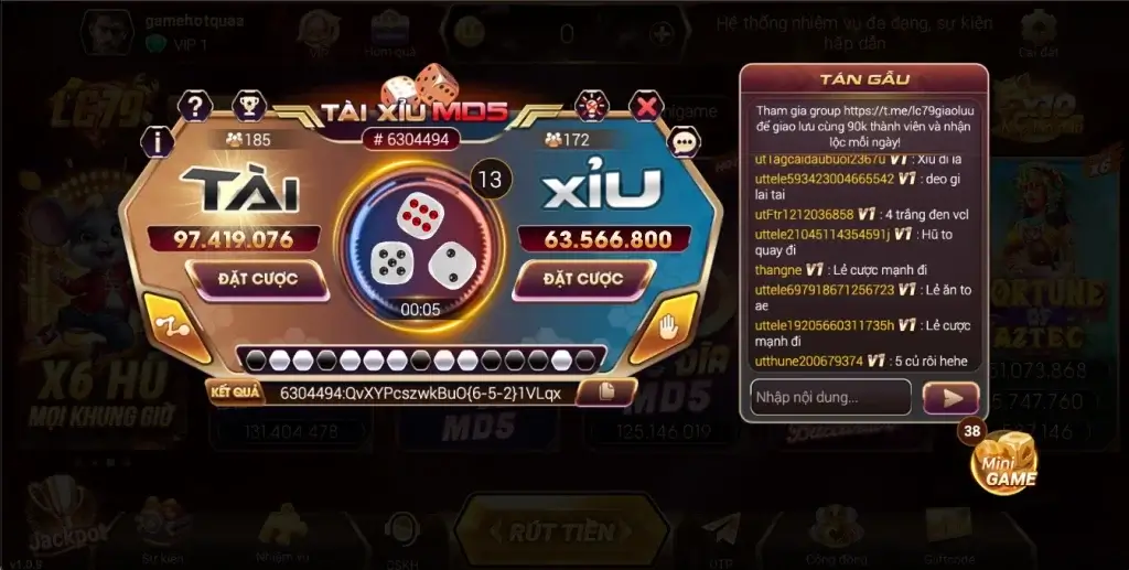 Giao diện game tài xỉu MD5 minh bạch với mã MD5 hiển thị tại LC79