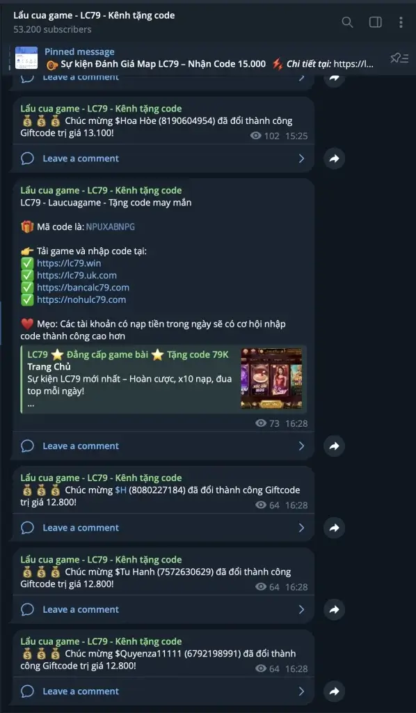 Phát giftcode miễn phí LC79 trên Telegram mỗi giờ