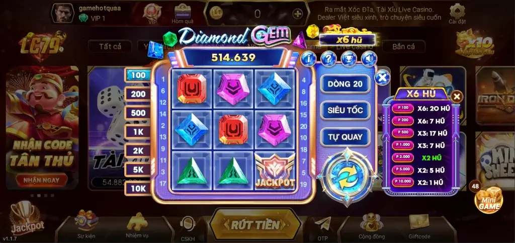 Diamond Gem slot LC79 – giao diện đá quý, nổ–sập, Dòng 20, Siêu tốc, Tự quay